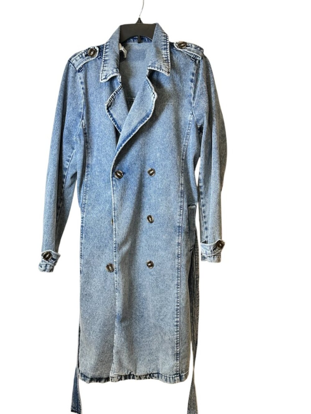 Stoosh Vintage Denim Jean Double Breasted Duster Trench Coat Light Wash Medium - Picture 2 of 10